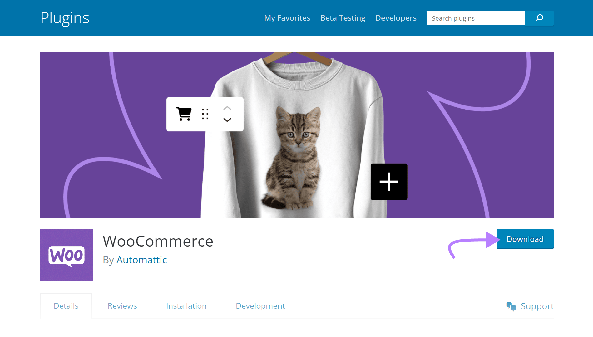 WooCommerce product page with the download button highlighted