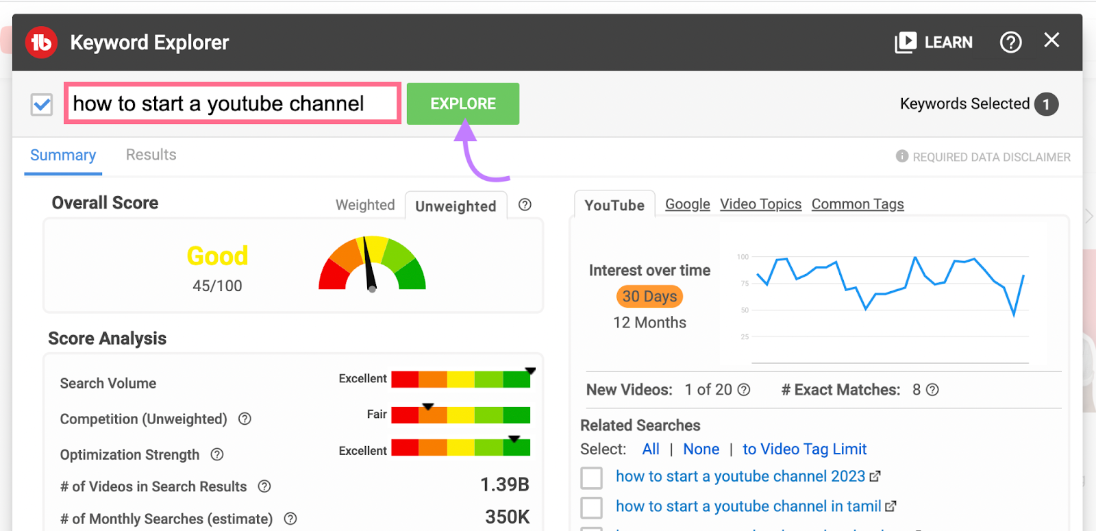 TubeBuddy Keyword Explorer featured integrated into YouTube dashboard