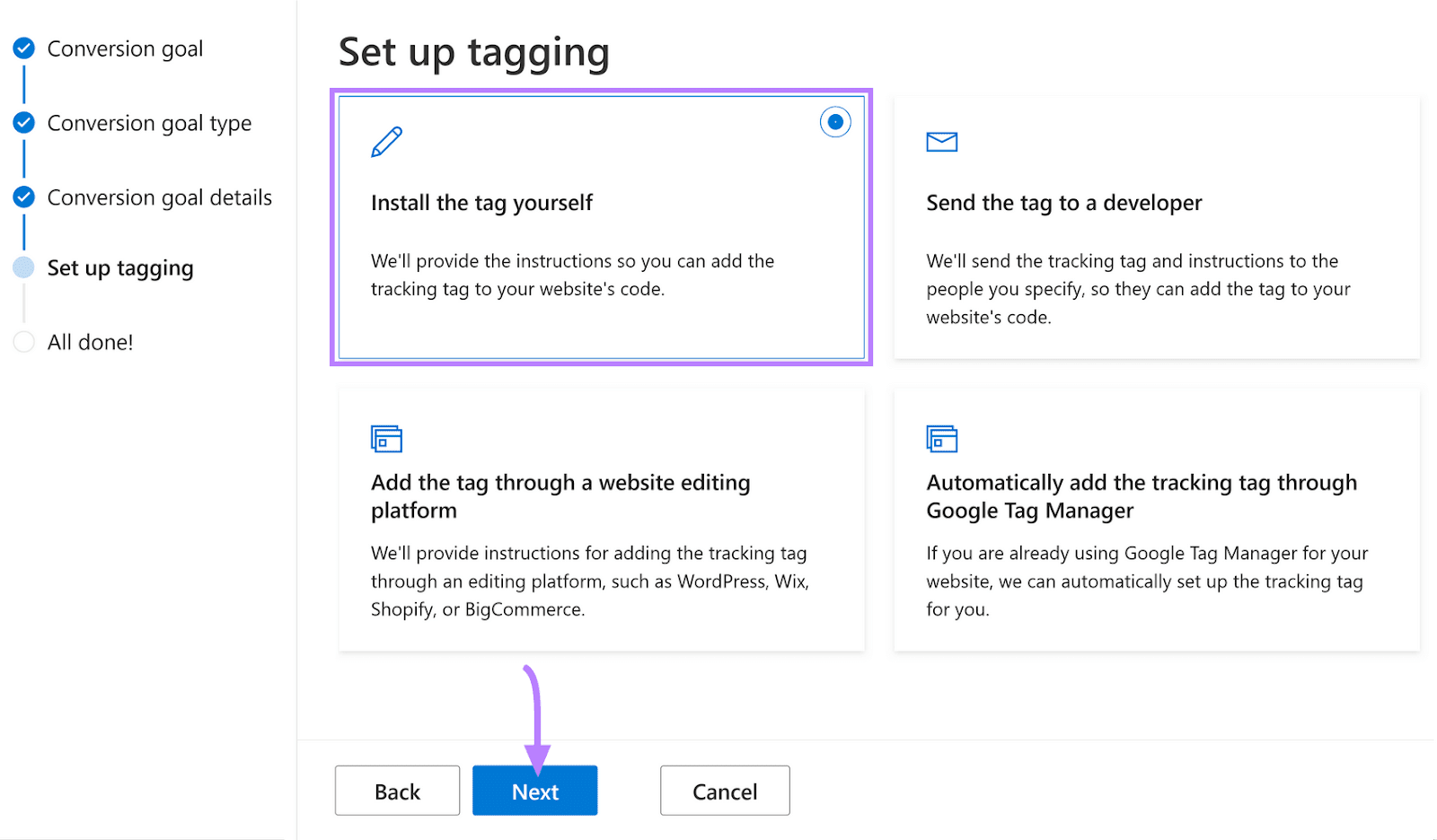 "Install the tag yourself" option selected