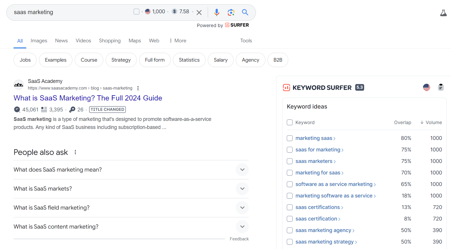 keyword surfer seo chrome extension has keyword data in the search bar, organic listing, and keyword ideas in a sidebar