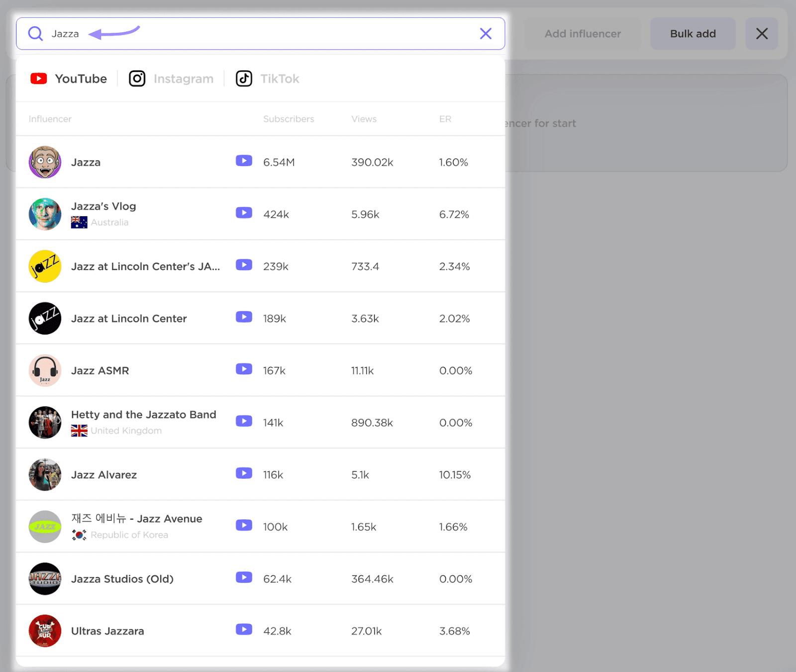 Influencer Analytics campaign management UI showing the option to add influencers with search results for "Jazza."