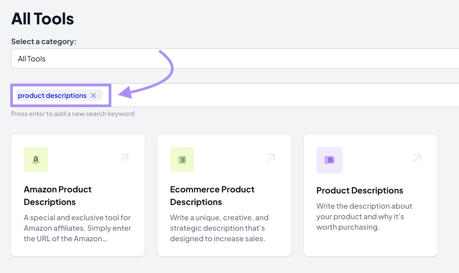 Searching for "product descriptions" under "All Tools" in AI Writing Assistant