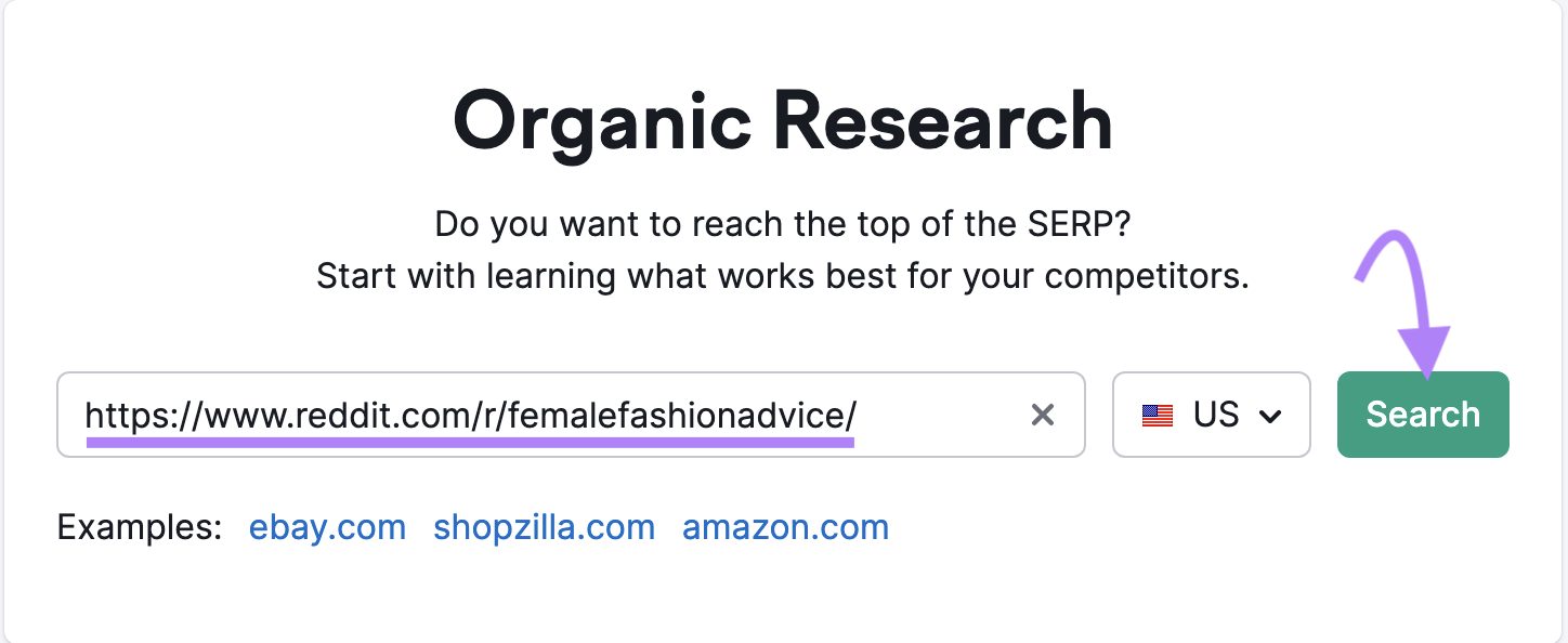 A subreddit's URL entered into Organic Research search bar