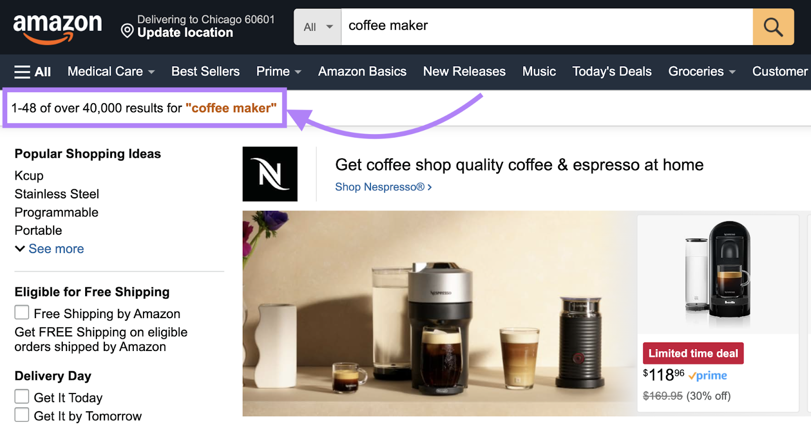 Amazon's search results for coffee maker, shows 1-48 of over 40,000 results on page one.