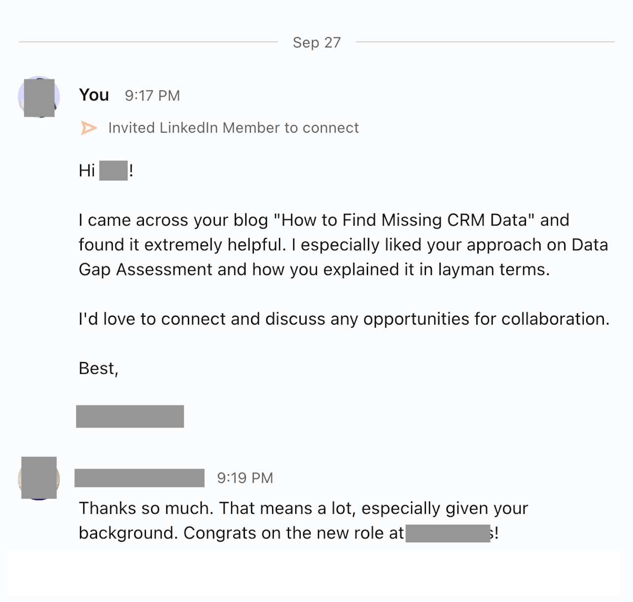 example of LinkedIn message