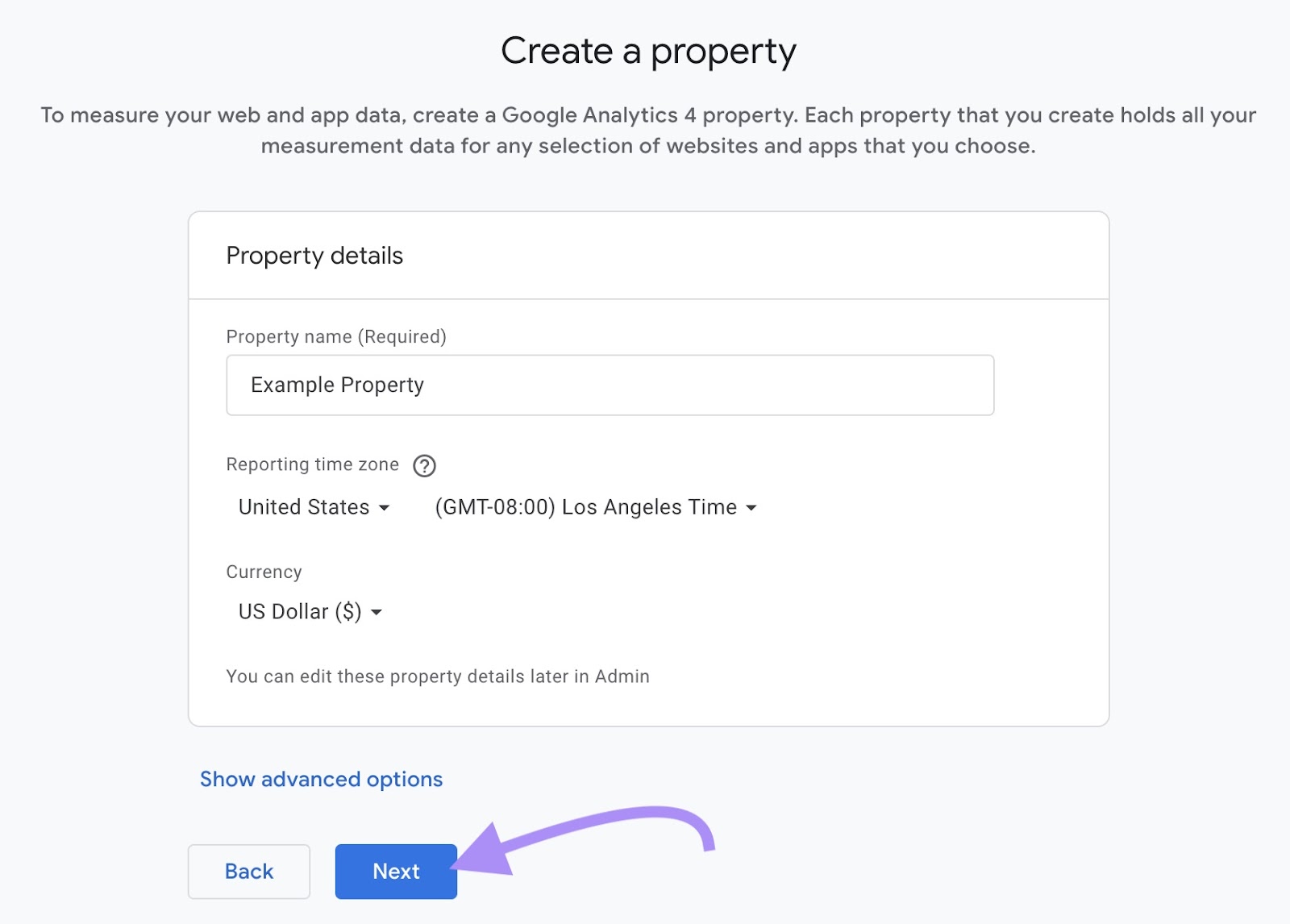 "Next" button highlighted at the bottom of "Create a property" step