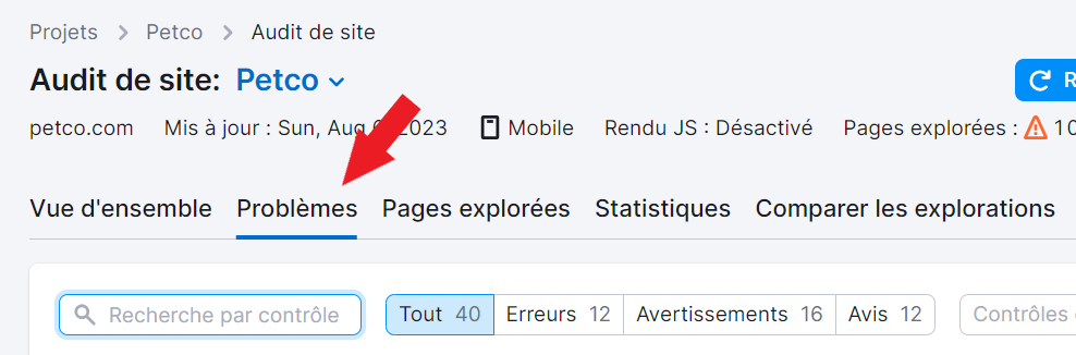 Onglet Problèmes d'Audit de site de Semrush