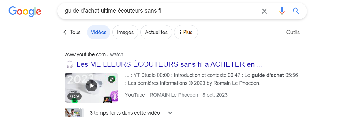 résultat vidéo sur Google