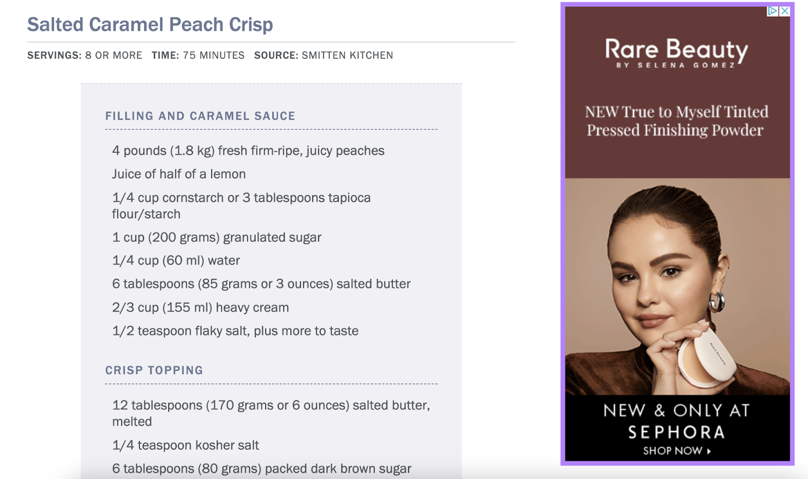 sidebar ad on a recipe blog is for rare beauty makeup products