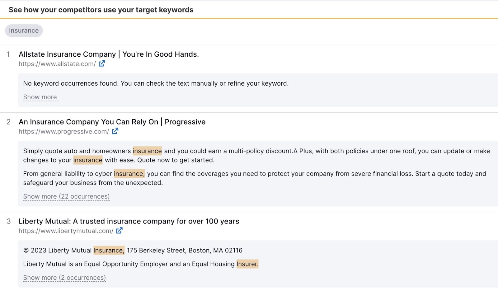 "See how your competitors use your target keywords" section of SEO Content Template
