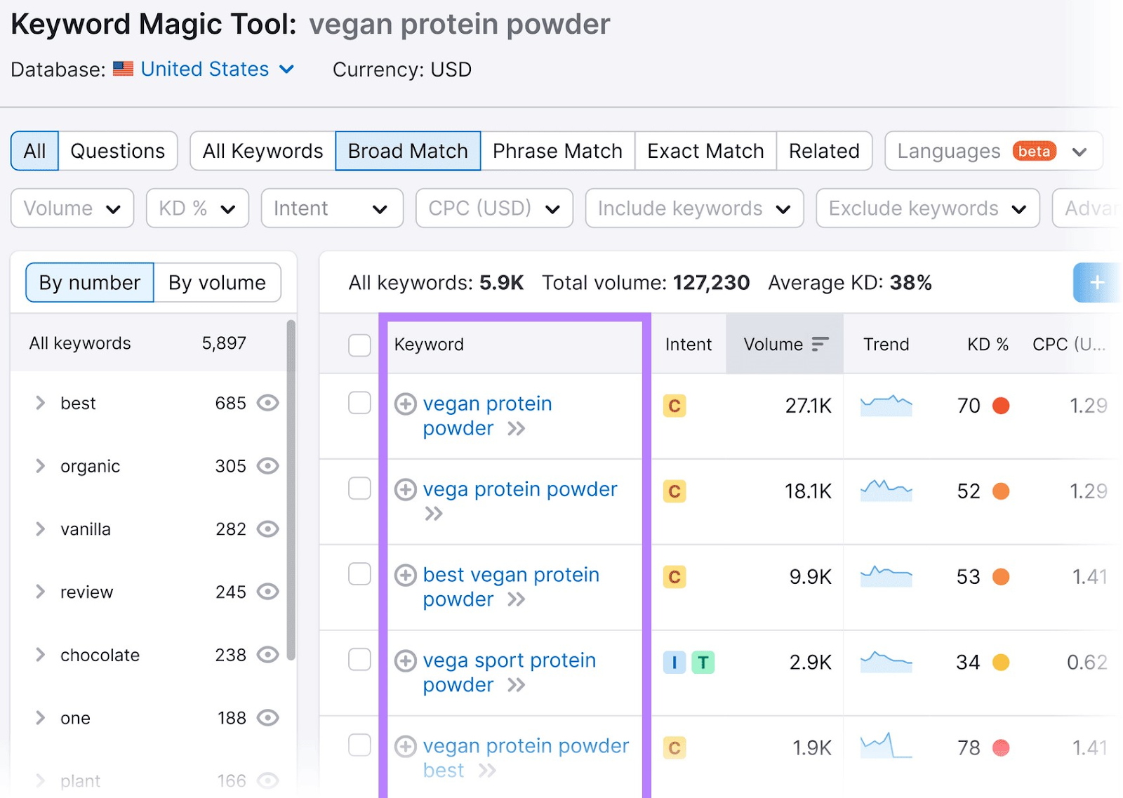 Keyword Magic Tool results for "vegan protein powder"