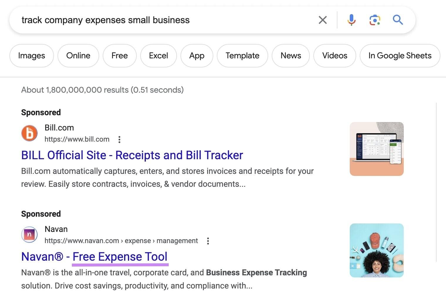 "Sponsored" ad for Free Expense Tool by Navan on Google SERP