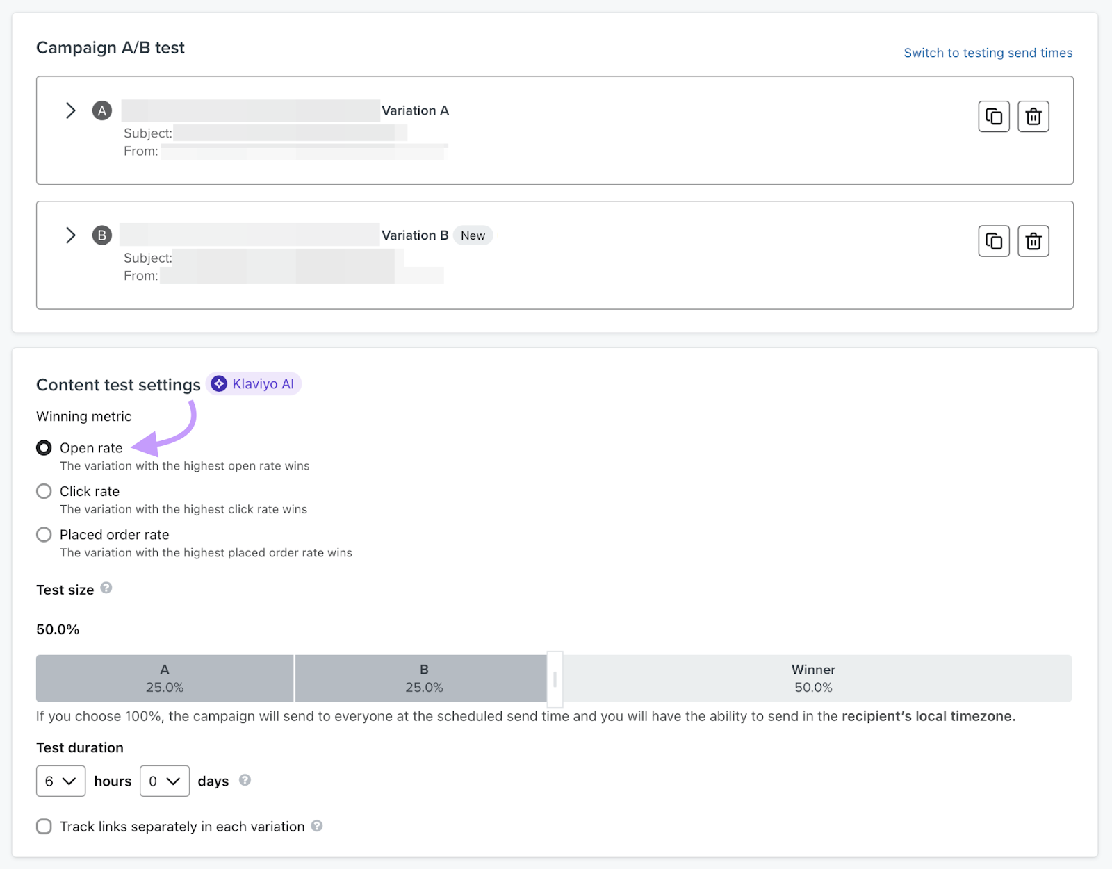 Klaviyo email marketing software dashboard s،wing the ability to split test email subject lines.