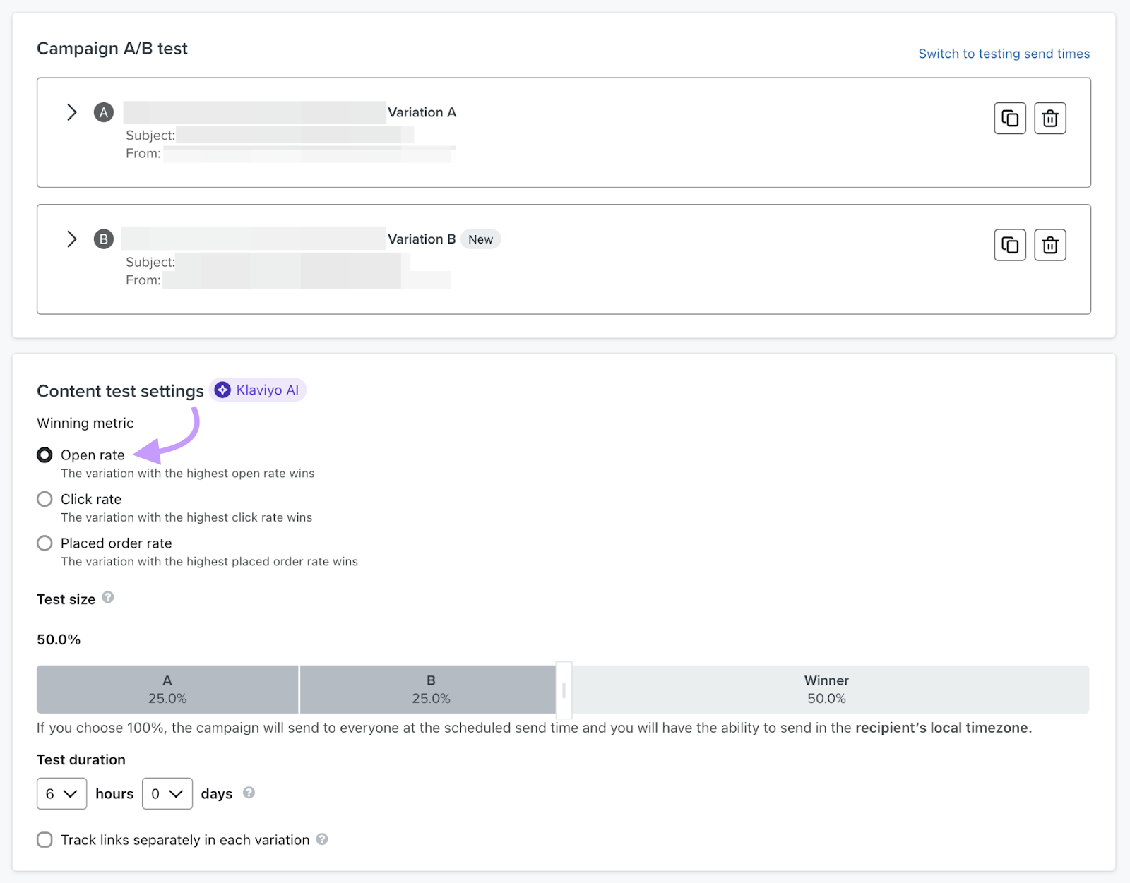 Klaviyo email marketing software dashboard showing the ability to split test email subject lines.