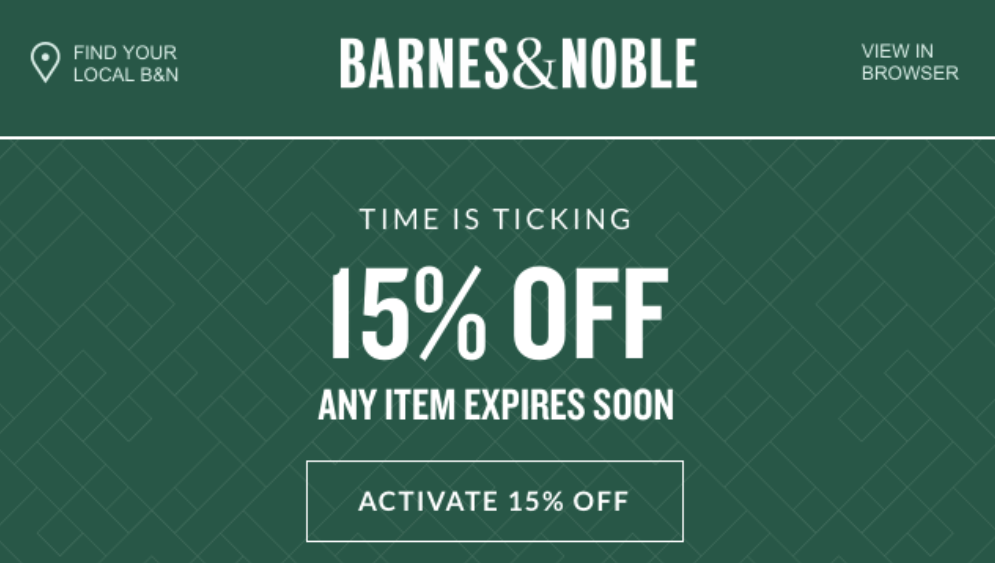 Top of Barnes and Noble's email with the promotion message included
