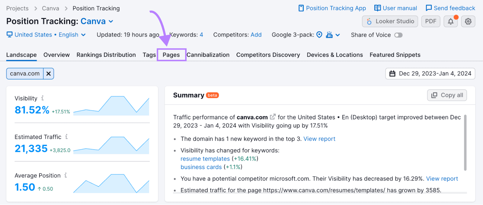 "Pages" tab selected successful  the Position Tracking tool