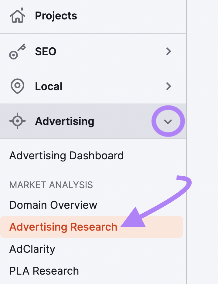 Advertising Research instrumentality   selected successful  the Semrush menu