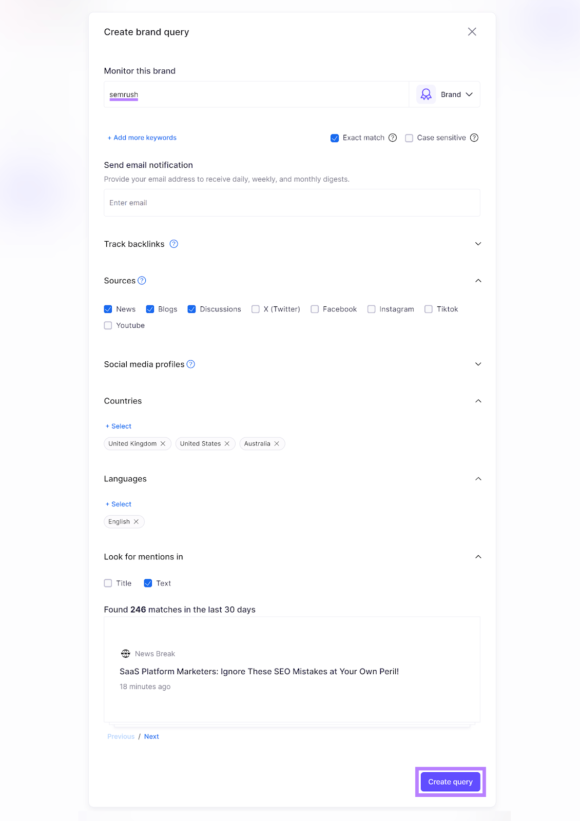 Semrush Brand Monitoring app Create brand query step with settings configured and 'Create query' button highlighted