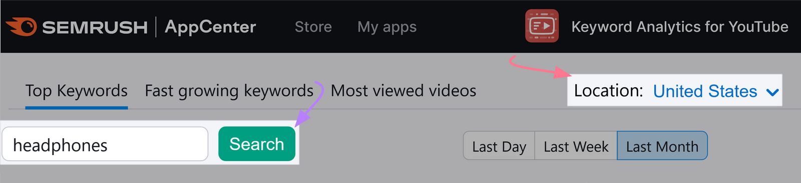 Search for “headphones” with determination  acceptable   arsenic  the United States connected  Keyword Analytics for YouTube.