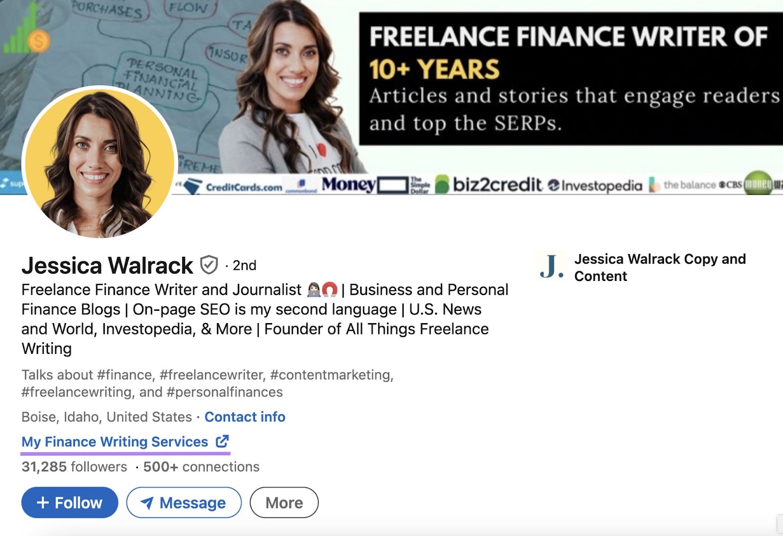 "My Finance Writing Services" custom button on Jessica Walrack's LinkedIn profile
