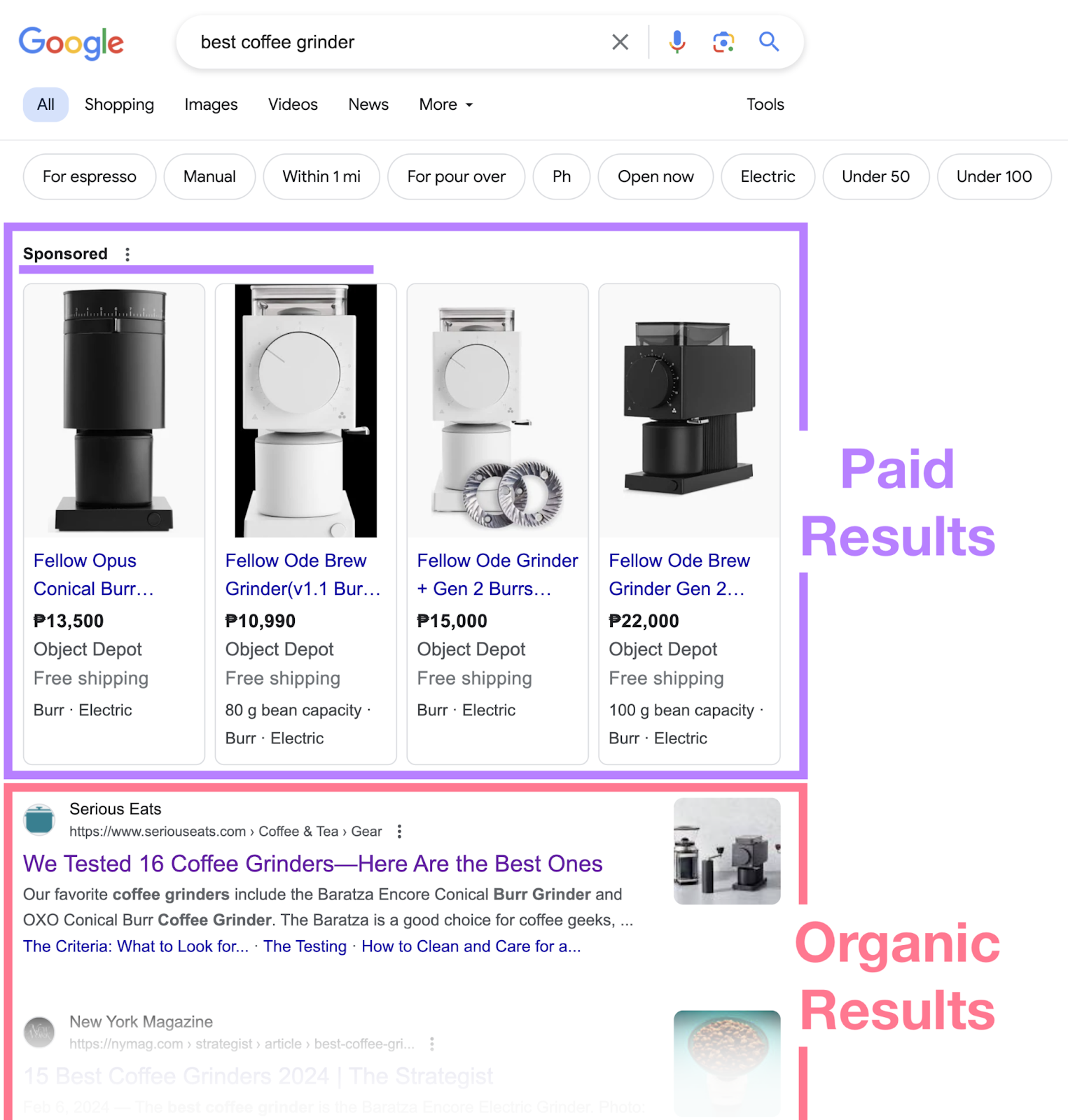 Google hunt  results showing paid hunt  results and integrated  hunt  results.