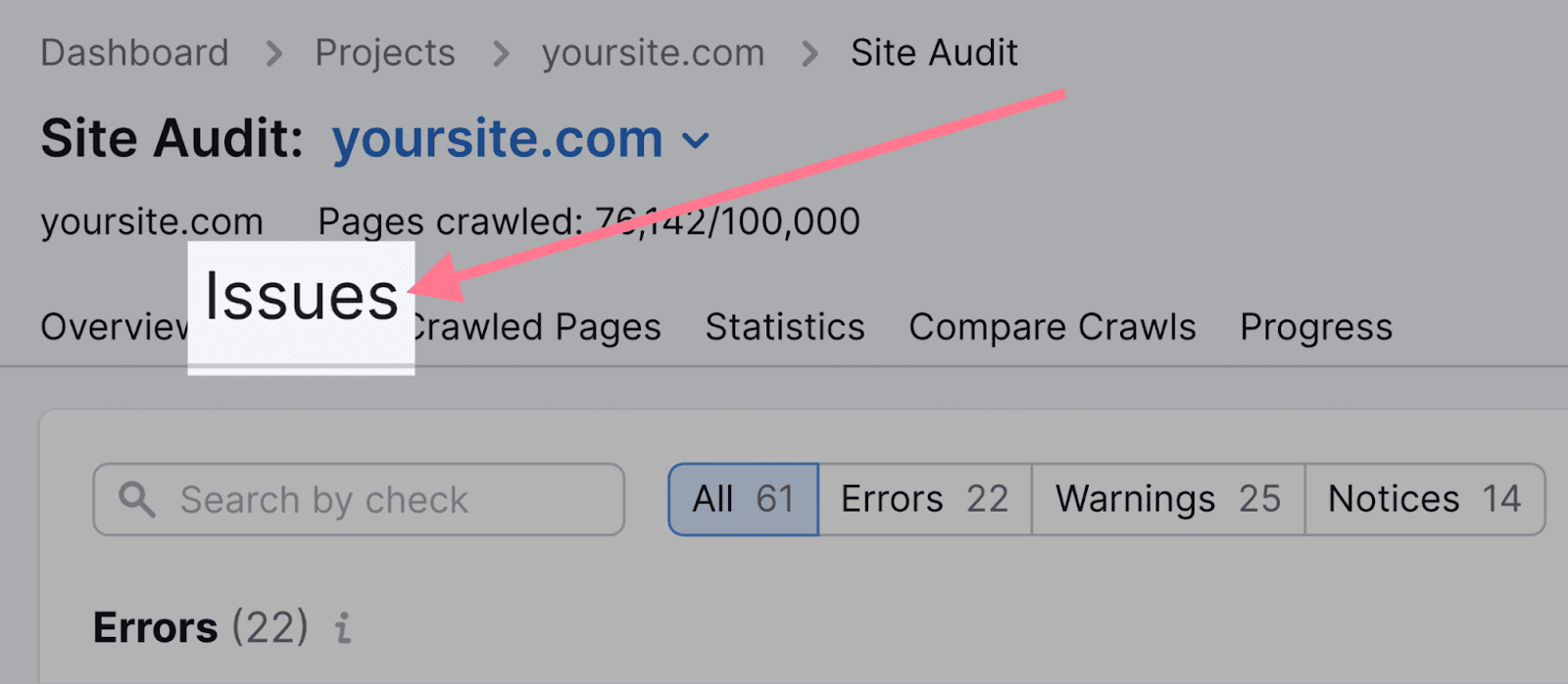 "Issues” tab highlighted in Site Audit tool