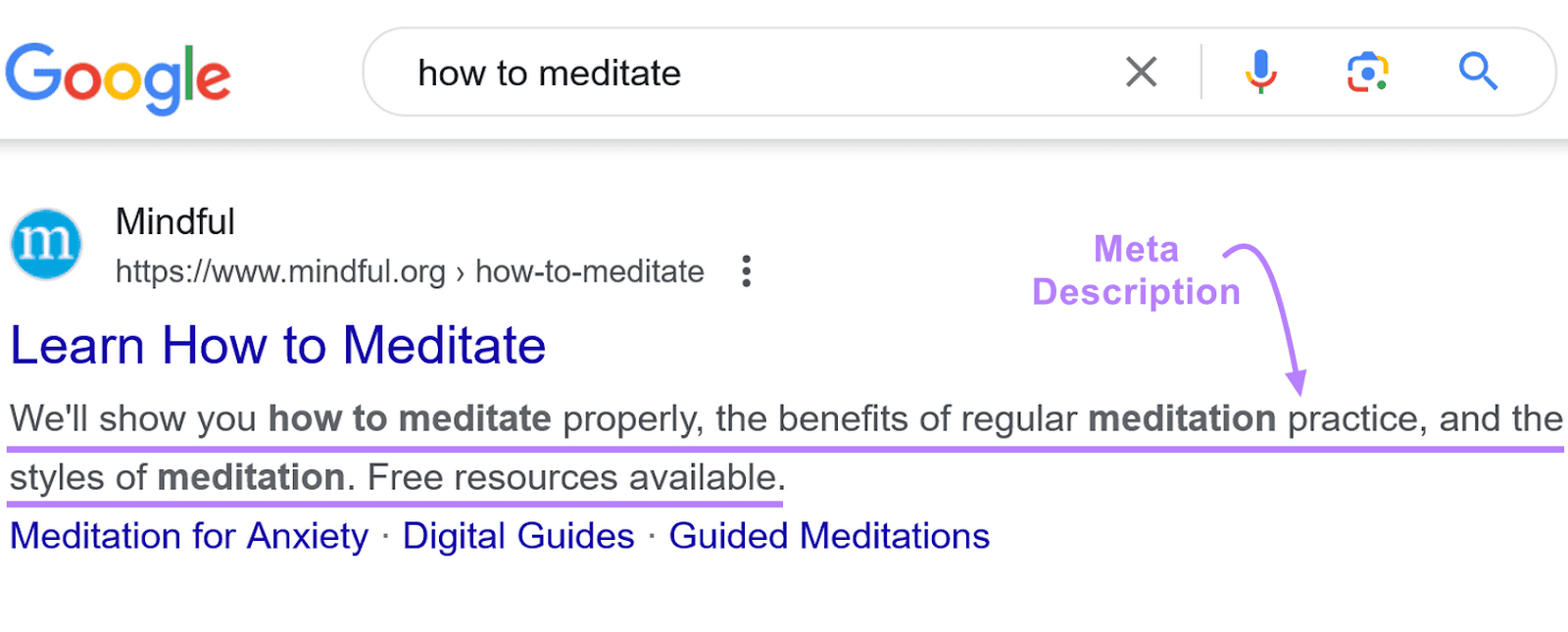 Google hunt  effect   for "how to meditate" with a purple arrow and a "Meta Description" label.