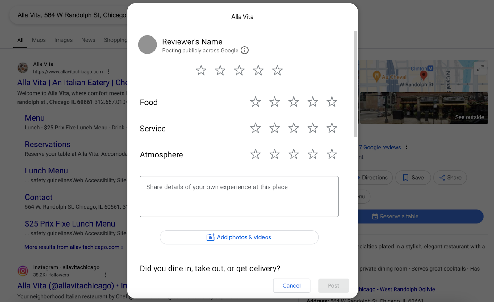 the Google review page shows star ratings for food, service, atmosphere, and more