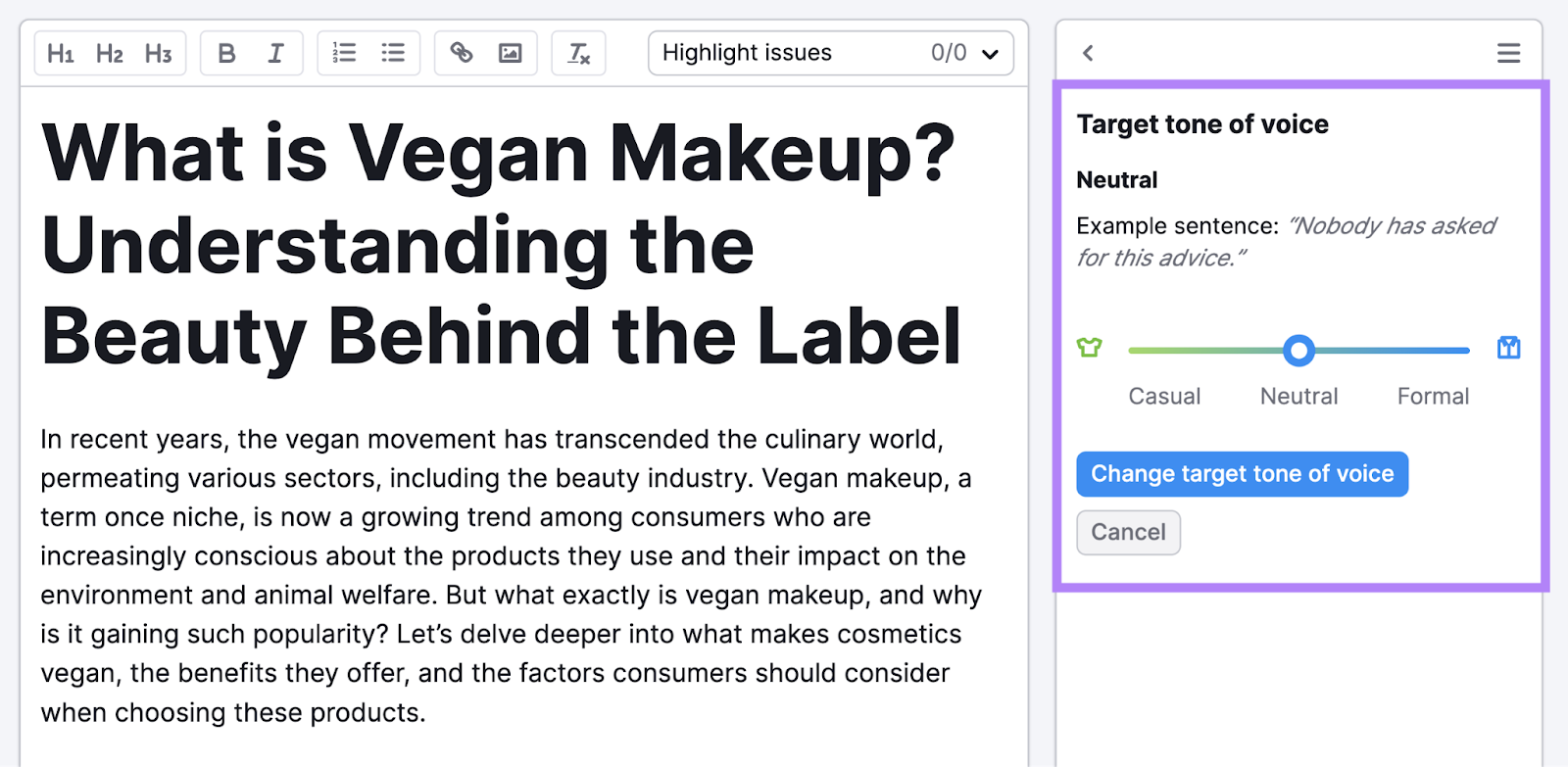 a blog post about vegan makeup in seo writing assistant tool with tone of voice slider, going from casual to formal
