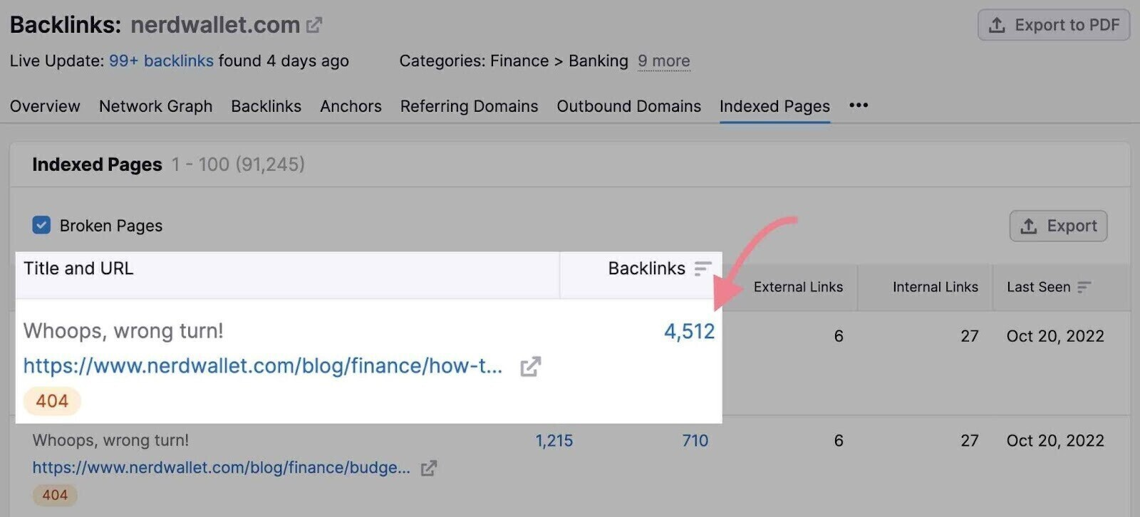 number of backlinks highlighted