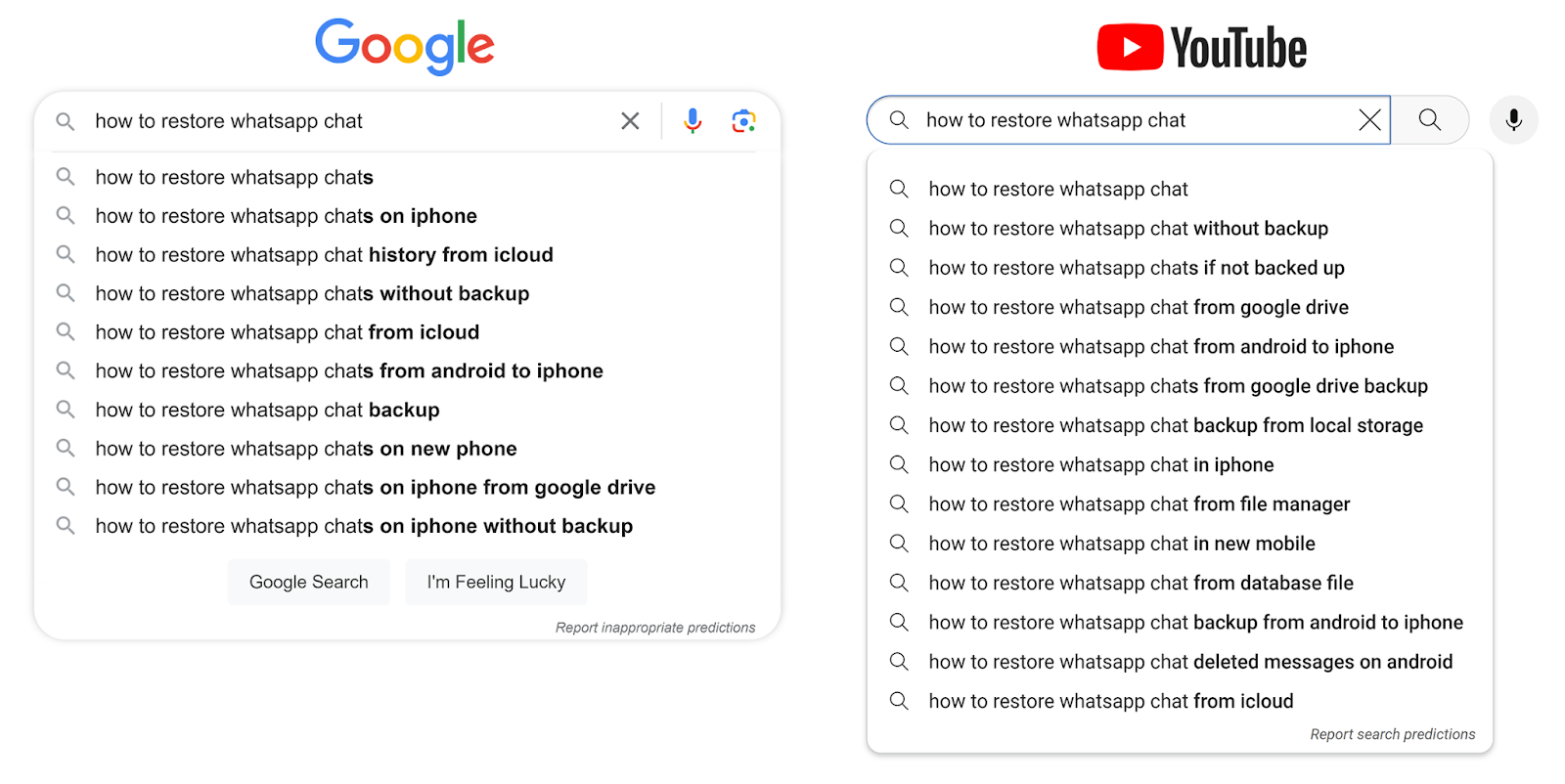 Composite Image showing side-by-side comparison of Google and YouTube search.