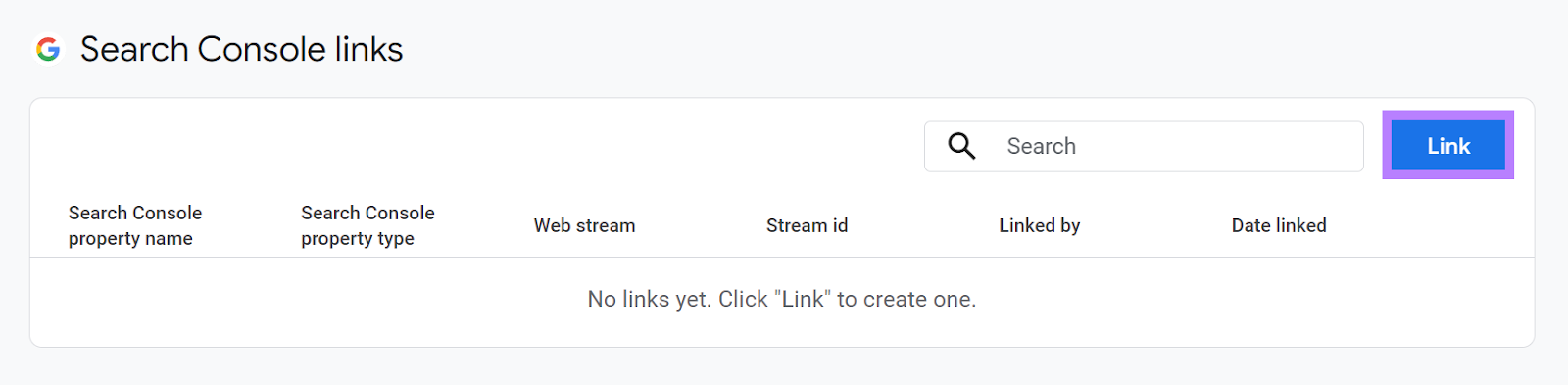 Link button highlighted on Search Console Links page.