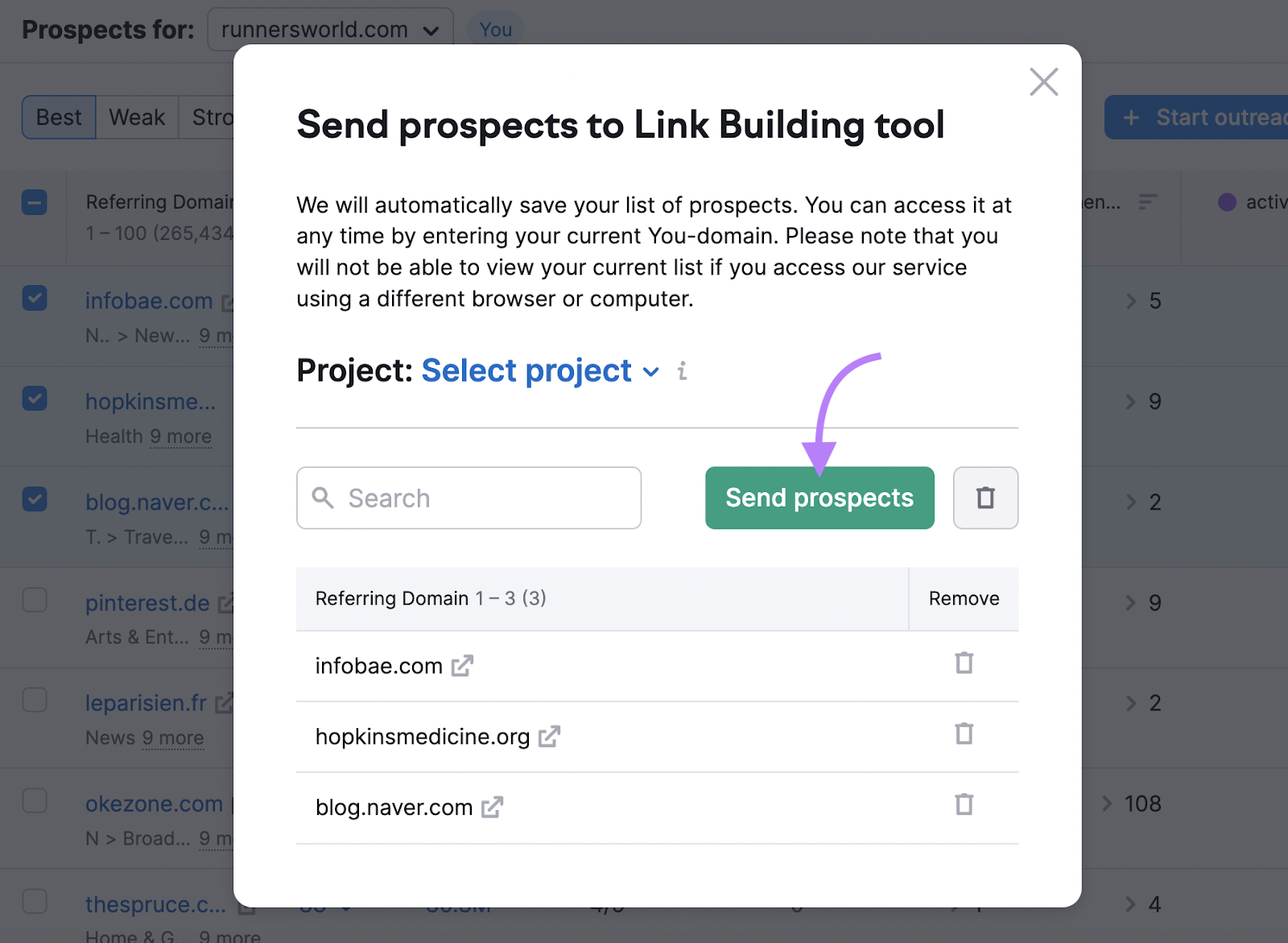 "Send prospects to Link Building Tool" pop up window