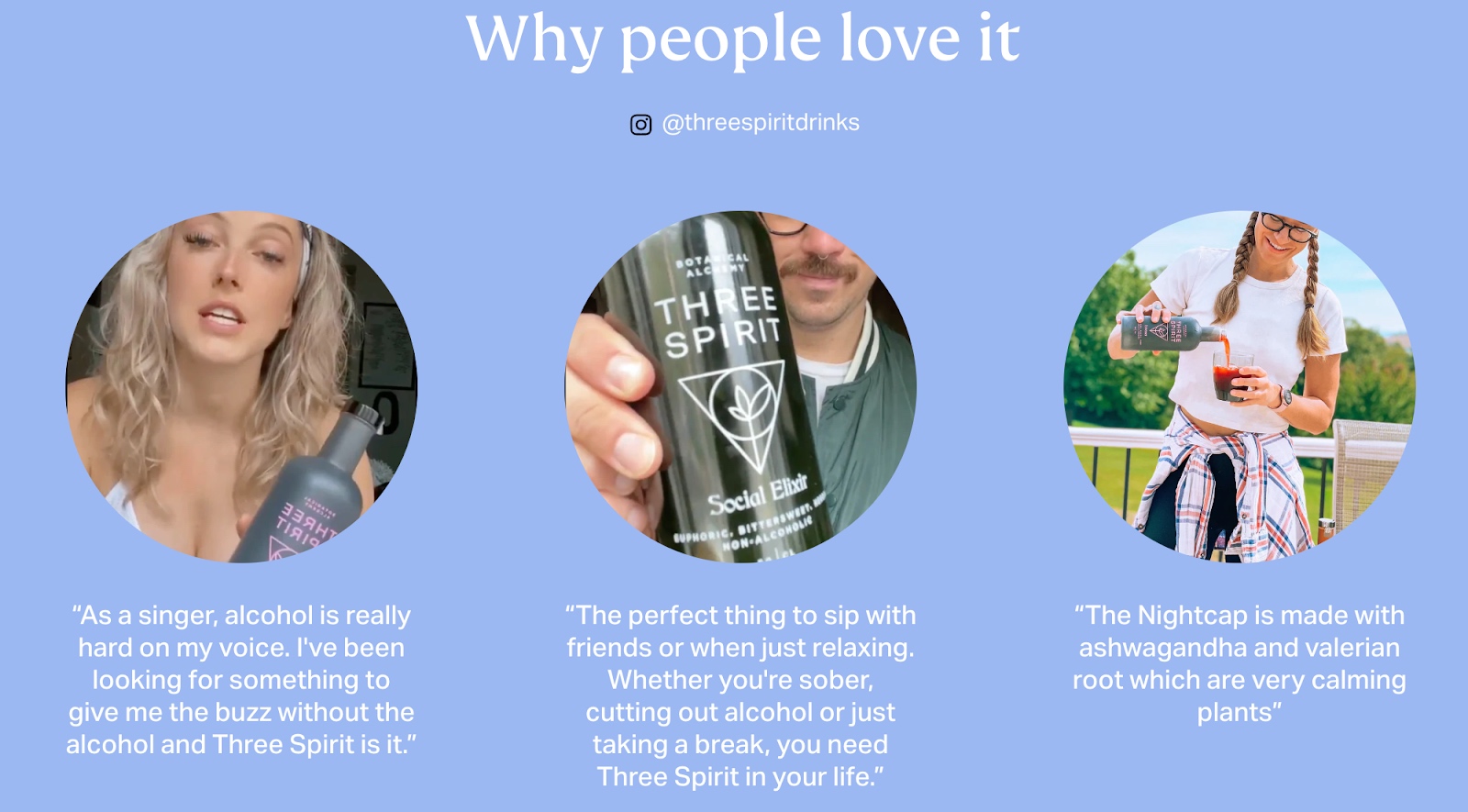 Three Spirit's "Why people love it" section of the homepage