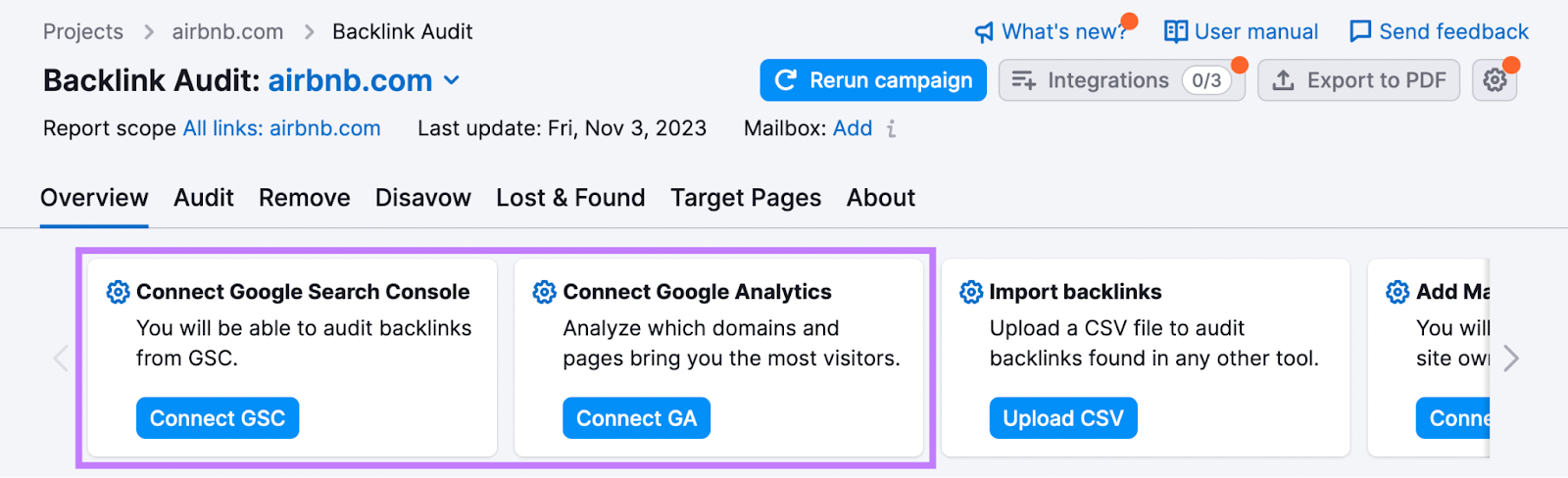 "Connect Google Search Console," and "Connect Google Analytics" widgets highlighted in Backlink Audit