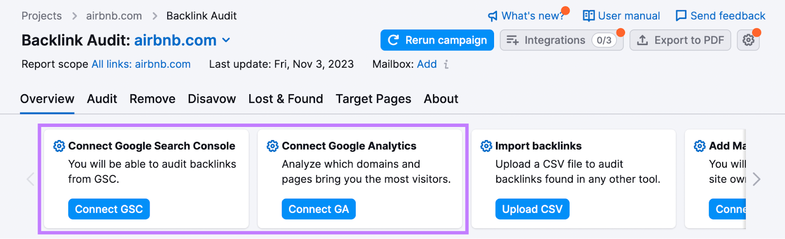 Widgets "Conectar o Google Search Console" e "Conectar o Google Analytics" destacados no Backlink Audit