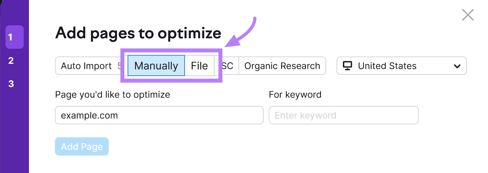 "Add pages to optimize" page with Manually” or “File” options highlighted