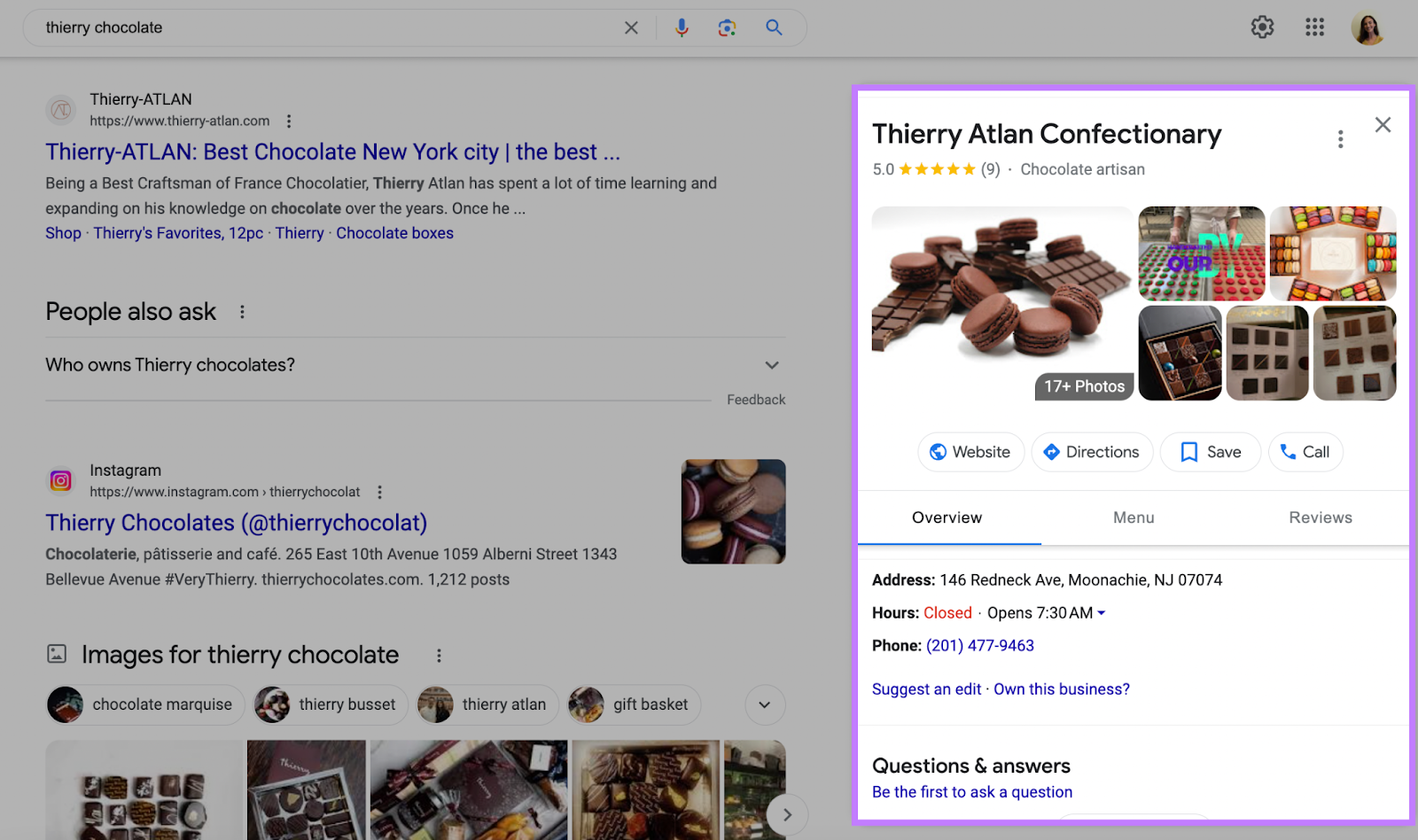 A Google Business Profile for "Thierry Atlan Confectionary"