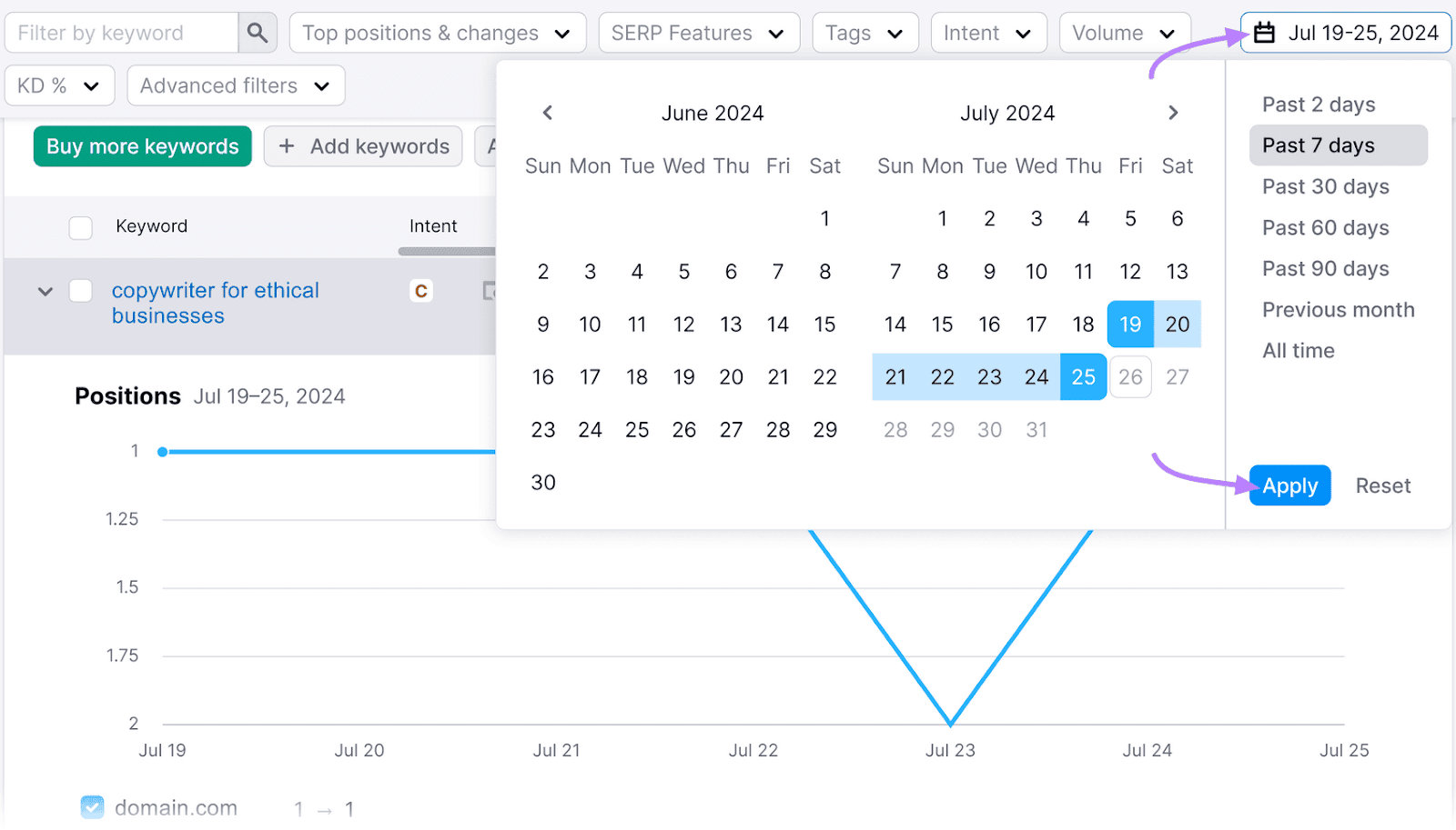 Rankings Overview table displaying keyword performance with a calendar overlay and "Past 7 days" selected