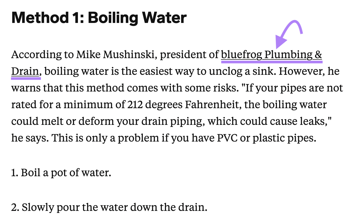 Insider link to bluefrog Plumbing & Drain highlighted in purple