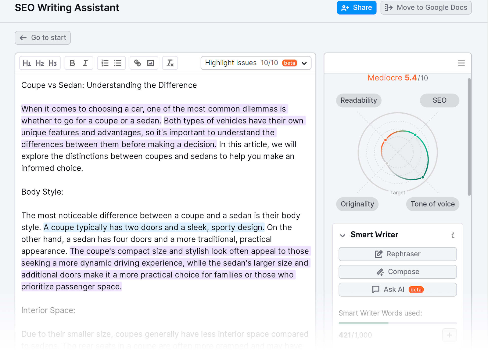 SEO, originality, readability, and tone of voice scores shown on the right side in SEO Writing Assistant