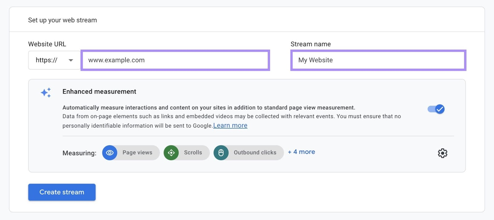 Creating a data stream for your website by entering a URL and selecting a stream name.