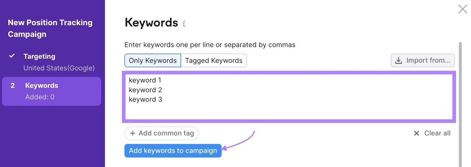 A list of keywords added and "Add keywords to campaign" clicked on the Position Tracking tool setup.