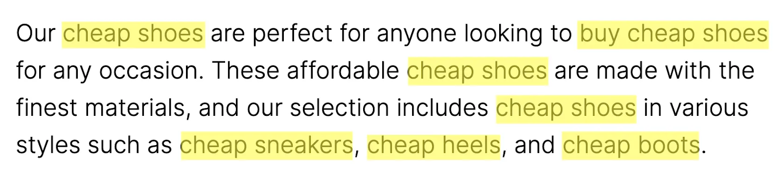 four-line paragraph with variations of the keyword "cheap shoes" stuffed successful  7  times.