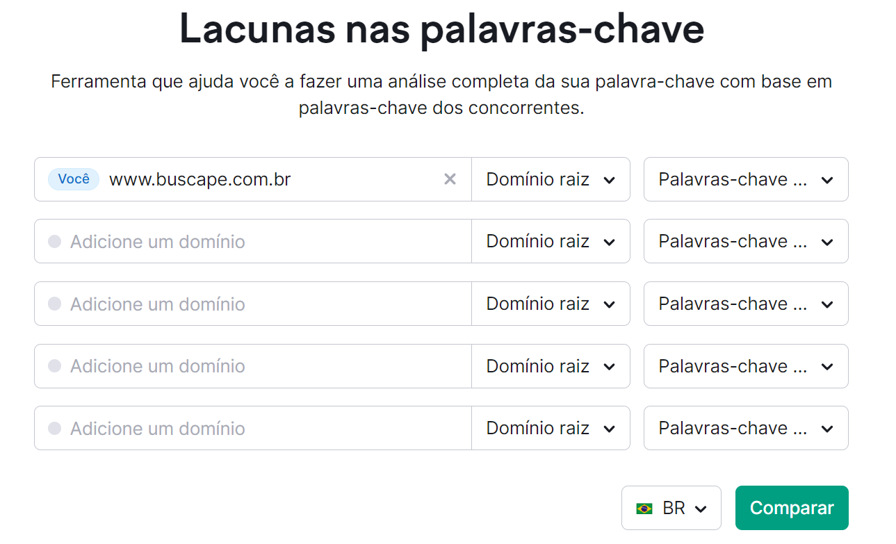 tela inicial da ferramenta lacunas das palavras-chave