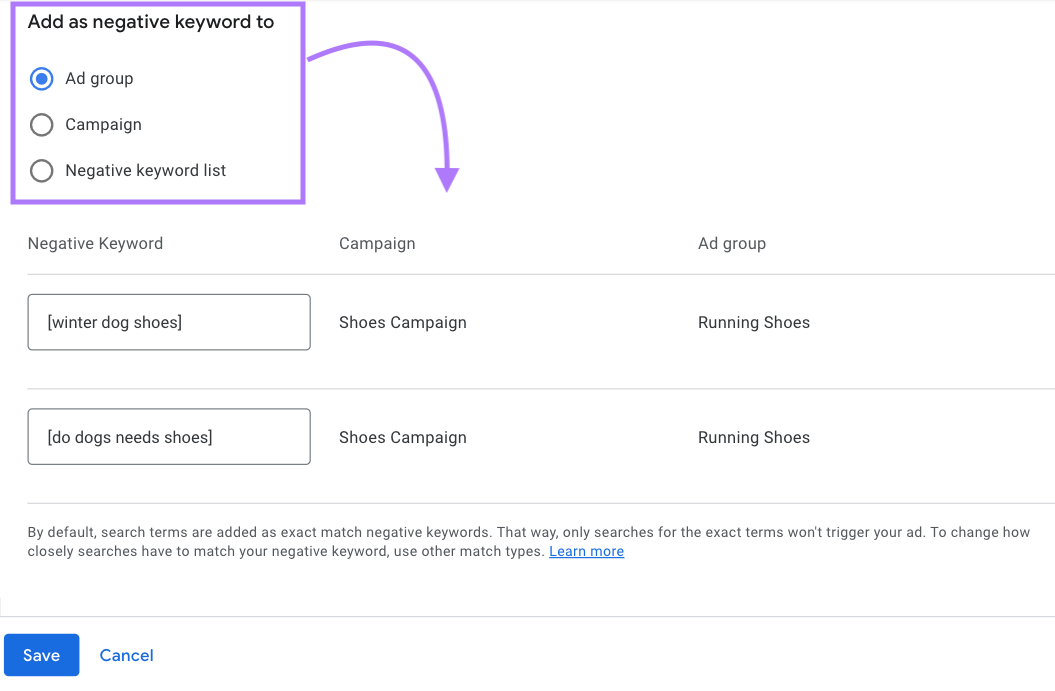 "Add as negative keywords to" with options: "ad group" "campaign" and "negative keyword list"