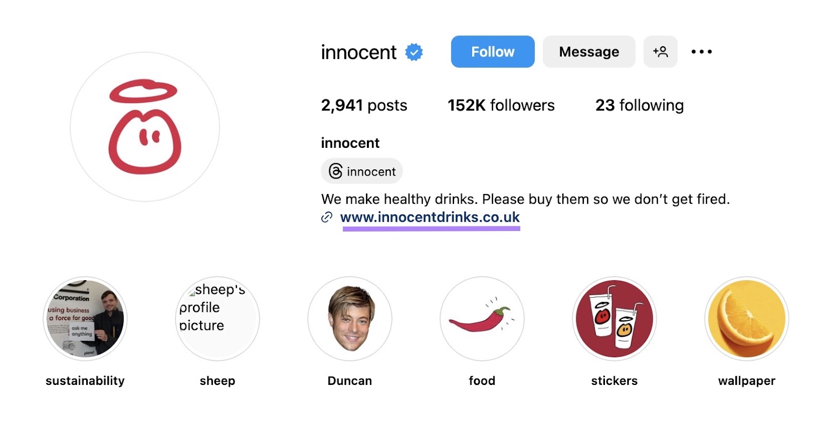 a link to Innocent's website in its Instagram bio