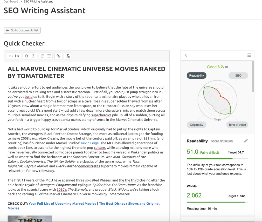 semrush swa for best marvel movies