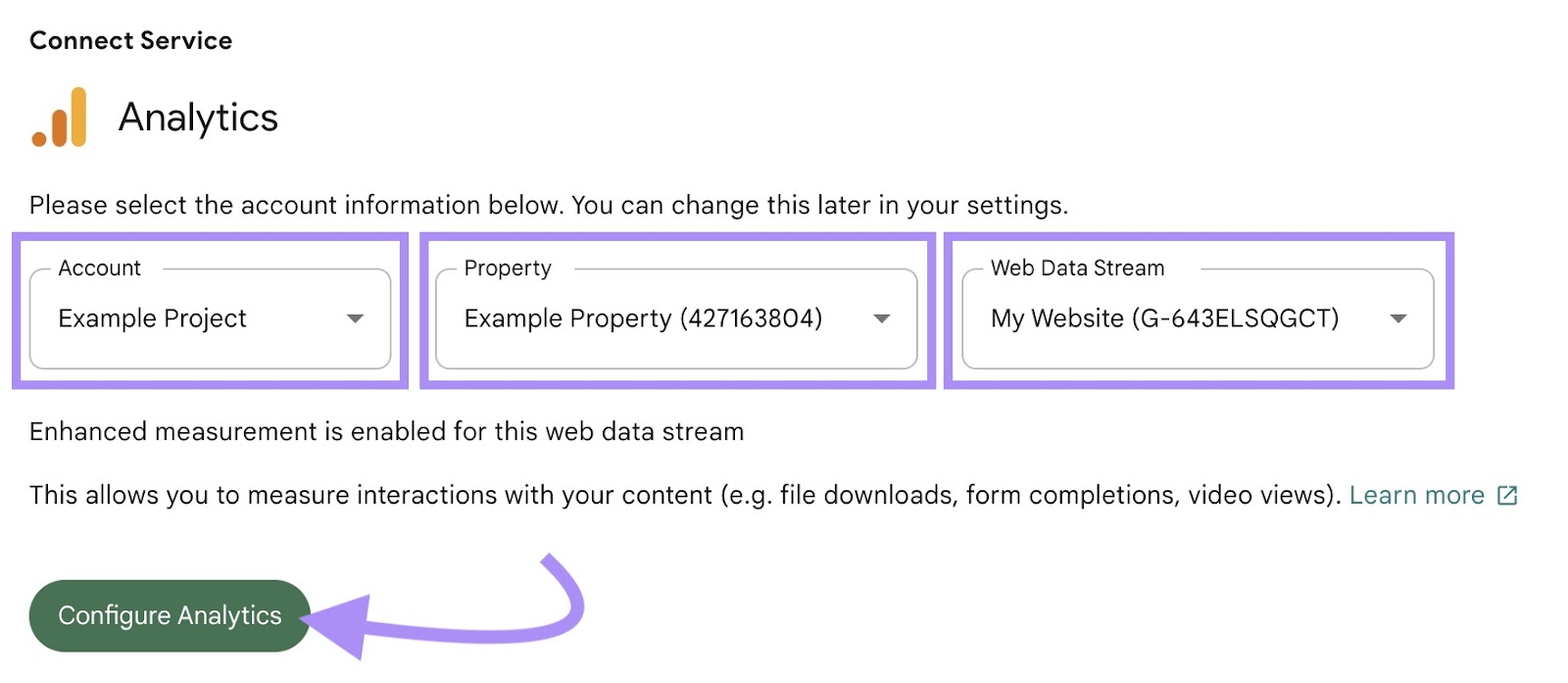 "Configure Analytics" fastener  nether  “Connect Service” screen