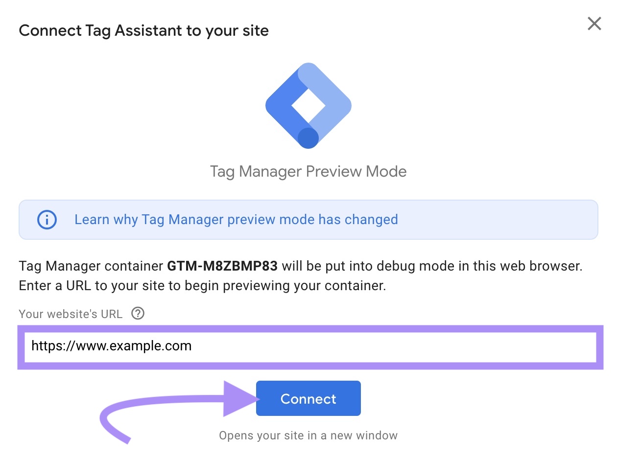 "Connect Tag Assistant to your site" window